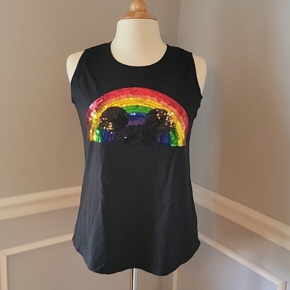 DISNEY Mickey Ears Rainbow Sequin Pride Sparkle Glam Crew Neck Black Tank Top S - Picture 1 of 10
